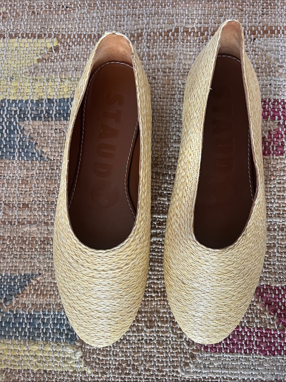 Staud Alba Gold Raffia Ballet Flats - Women's Slip-On Loafers, US 7,5/Eur 38